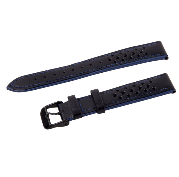black/blue perforated leather rally strap